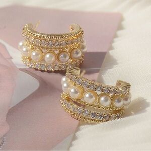 Gold Pearl & Crystal Hoop Earrings - Elegant Women's Jewelry